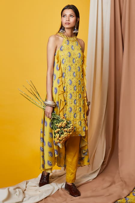 Riraan Couture Yellow Monga Silk Halter Chanderi Kurta And Pant Set 