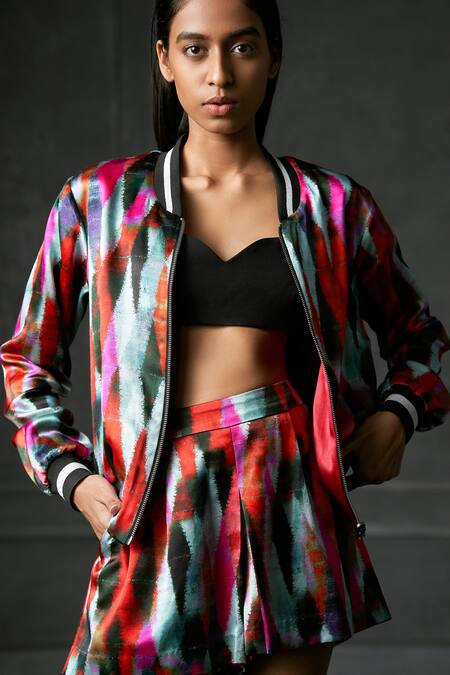 Shop_Redefine_Pink Mashru Geometric Collared Neck Kefi Reversible Bomber Jacket_Online_at_Aza_Fashions