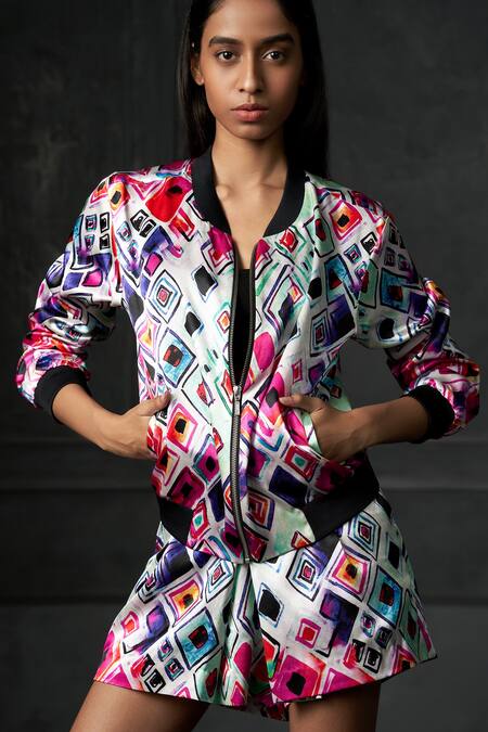 Buy_Redefine_White Mashru Geometric Collared Neck Olio Reversible Bomber Jacket_Online_at_Aza_Fashions