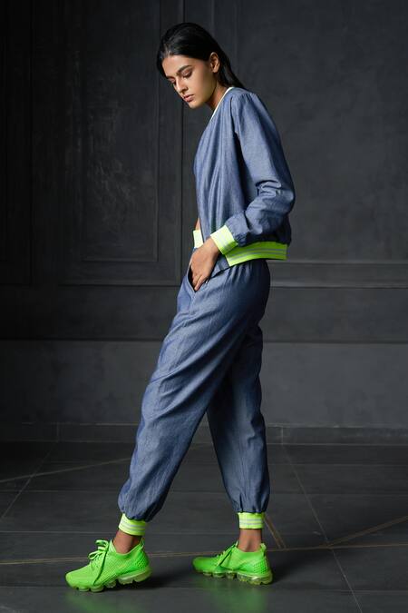 Redefine_Blue Denim Collared Neck Reversible Bomber Jacket_Online_at_Aza_Fashions