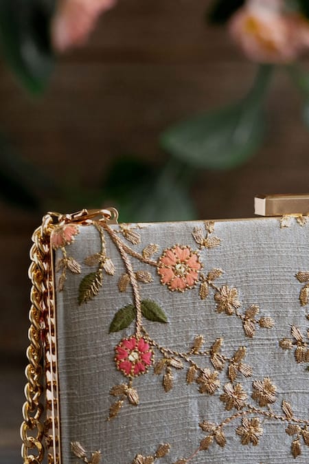 Buy_Amyra_Grey Embroidery Floral Creeper Pattern Box Clutch_Online_at_Aza_Fashions