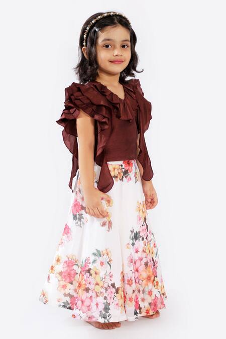 Free Sparrow Multi Color Cotton, Georgette, Denim, Silk Ruffle Blouse And Printed Lehenga Set Online at Aza Fashions Free Sparrow_Multi Color Cotton, Georgette, Denim, Silk Ruffle Blouse And Printed Lehenga Set_Online_at_Aza_Fashions