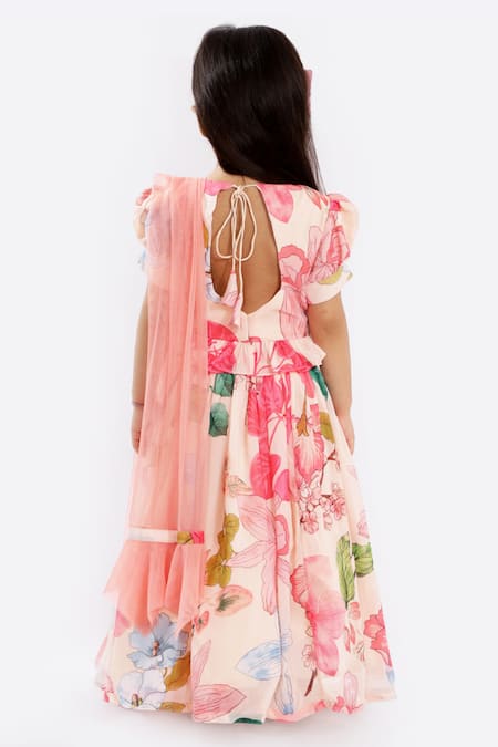 Shop Free Sparrow Peach Georgette Ruffles Printed Lehenga Set at Aza Fashions Shop_Free Sparrow_Peach Georgette Ruffles Printed Lehenga Set_at_Aza_Fashions