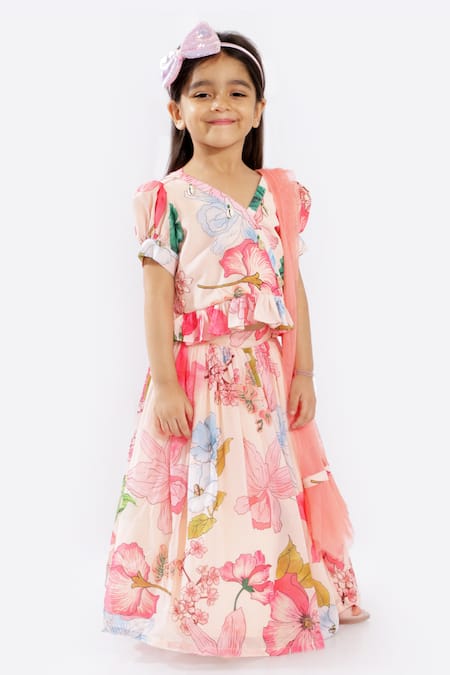 Free Sparrow Peach Georgette Ruffles Printed Lehenga Set Online at Aza Fashions Free Sparrow_Peach Georgette Ruffles Printed Lehenga Set_Online_at_Aza_Fashions