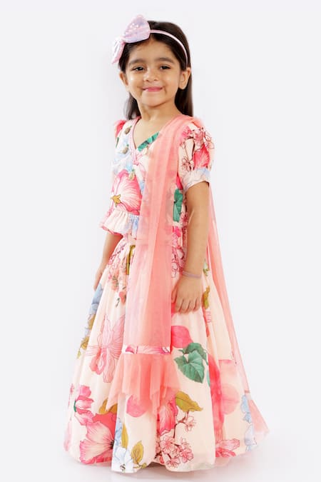 Buy Free Sparrow Peach Georgette Ruffles Printed Lehenga Set Online at Aza Fashions Buy_Free Sparrow_Peach Georgette Ruffles Printed Lehenga Set_Online_at_Aza_Fashions