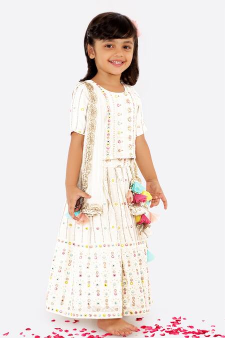 Free Sparrow_White Cotton, Georgette, Net Embroidery, Tassels Lehenga Set_Online_at_Aza_Fashions