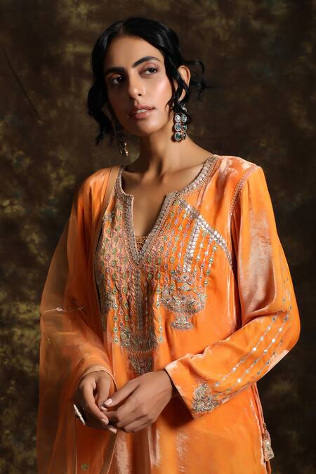 Kanika Sharma_Orange Net, Velvet, Brocade Round Kurta Set_Online_at_Aza_Fashions