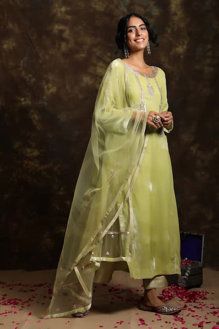 Kanika Sharma_Green Net, Velvet, Brocade Round Kurta Set _Online_at_Aza_Fashions