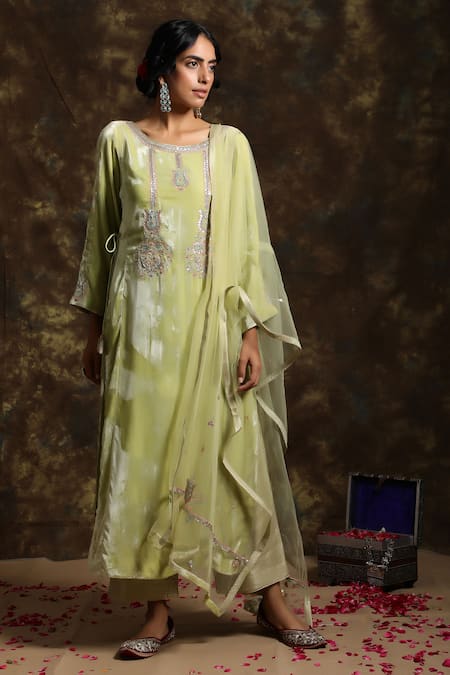 Buy_Kanika Sharma_Green Net, Velvet, Brocade Round Kurta Set _Online_at_Aza_Fashions