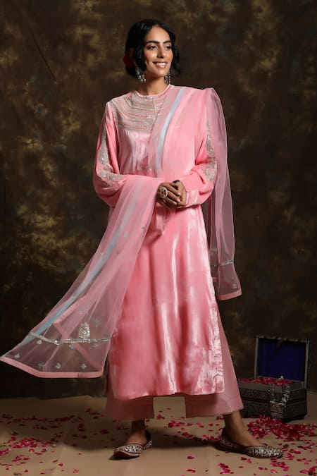 Kanika Sharma_Pink Net, Velvet, Brocade Round Kurta Set_Online_at_Aza_Fashions