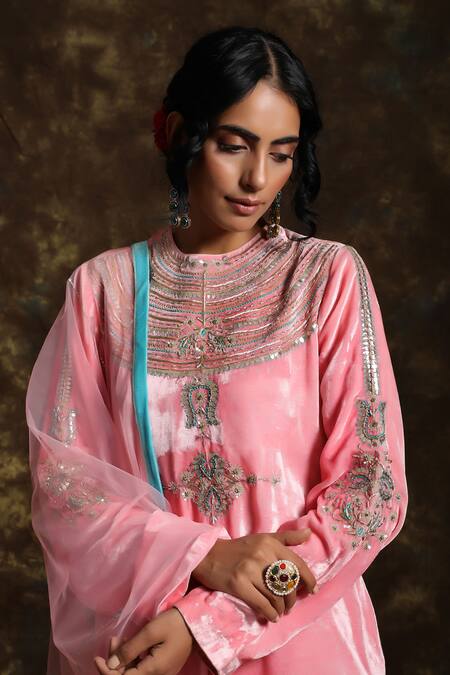 Buy_Kanika Sharma_Pink Net, Velvet, Brocade Round Kurta Set_Online_at_Aza_Fashions
