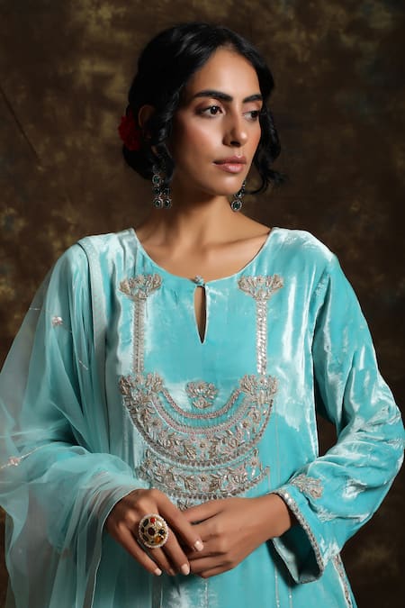 Kanika Sharma_Blue Net, Velvet, Brocade Round Kurta Set_Online_at_Aza_Fashions