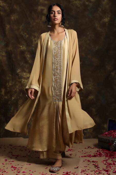 Kanika Sharma_Gold Silk, Crepe Round Jacket And Kurta Set_Online_at_Aza_Fashions