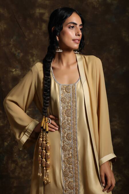 Buy_Kanika Sharma_Gold Silk, Crepe Round Jacket And Kurta Set_Online_at_Aza_Fashions