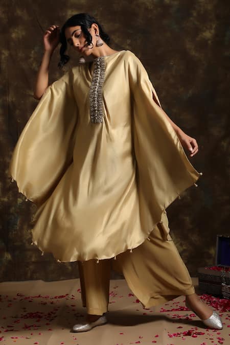Kanika Sharma_Gold Silk, Crepe Round Kaftan Tunic And Palazzo Set _Online_at_Aza_Fashions