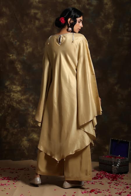 Buy_Kanika Sharma_Gold Silk, Crepe Round Kaftan Tunic And Palazzo Set _Online_at_Aza_Fashions