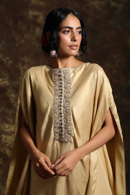 Shop_Kanika Sharma_Gold Silk, Crepe Round Kaftan Tunic And Palazzo Set _Online_at_Aza_Fashions
