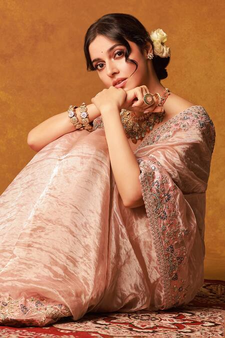 Shop Osaa By Adarsh Pink Tissue Organza Floral Pattern Plunge Embroidered Border Saree With Blouse at Aza Fashions Shop_Osaa By Adarsh_Pink Tissue Organza Floral Pattern Plunge Embroidered Border Saree With Blouse_at_Aza_Fashions