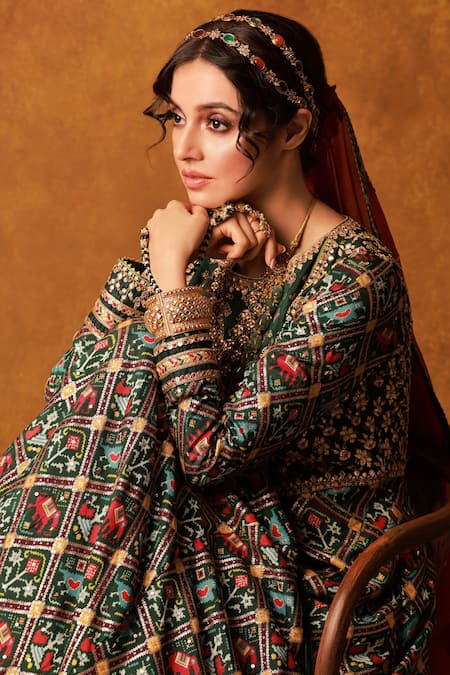 Aariyana Couture_Green Tussar, Georgette, Chanderi, Modal, Satin Gota Patola Print Anarkali Set_at_Aza_Fashions