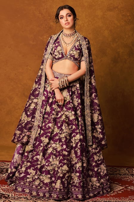 Sana Barreja Purple Chanderi Silk Printed Floral-paisley Motifs Arfana Lehenga Set 