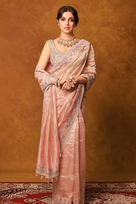 Osaa by Adarsh Pink Tissue Organza Embroidered Floral Border Saree With Blouse 