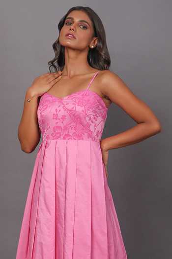 Buy_Couché By Anandini_Pink Jacquard And Taffeta Sweetheart Neck Waterfall Textured Midi Dress_Online_at_Aza_Fashions