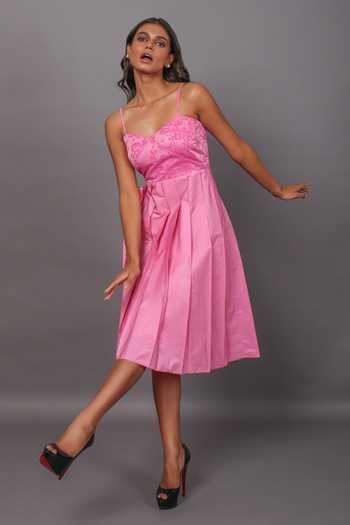 Couché By Anandini_Pink Jacquard And Taffeta Sweetheart Neck Waterfall Textured Midi Dress_Online_at_Aza_Fashions