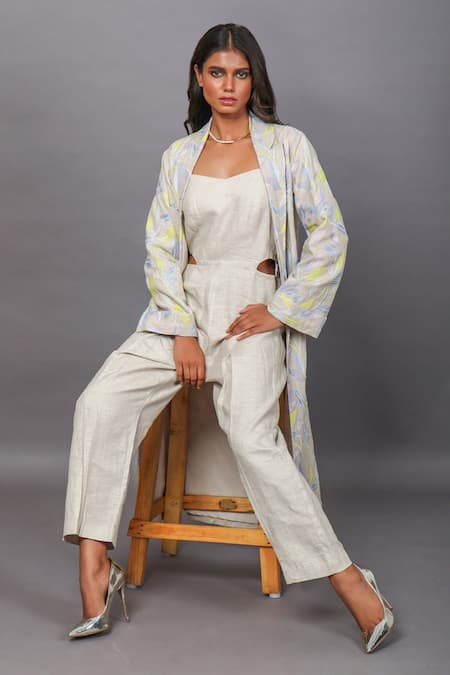 Buy_Couché By Anandini_Beige Lino Bordado (viscose+linen) Floral Jumpsuit V Neck Embroidered With _Online_at_Aza_Fashions