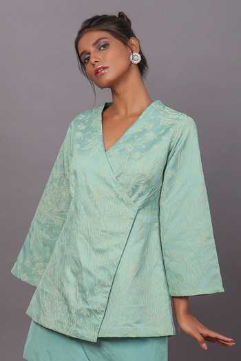 Shop_Couché By Anandini_Green Jacquard And Taffeta V Neck Textured Woven Jacket & Skirt Set _Online_at_Aza_Fashions