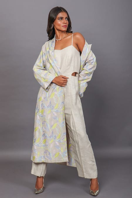 Couché By Anandini_Beige Lino Bordado (viscose+linen) Floral Jumpsuit V Neck Embroidered With _Online_at_Aza_Fashions