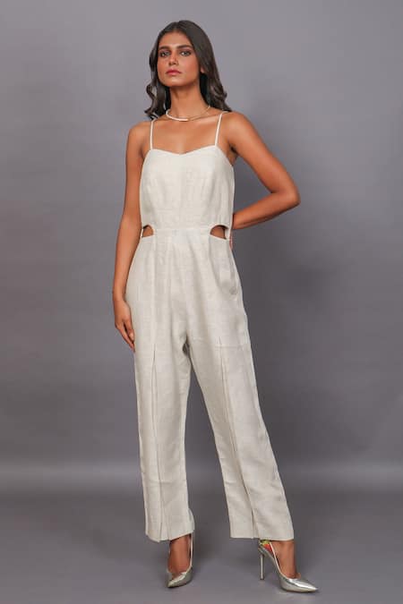 Shop Couché By Anandini Beige Lino Bordado (viscose+linen) Floral Jumpsuit V Neck Embroidered With at Aza Fashions Shop_Couché By Anandini_Beige Lino Bordado (viscose+linen) Floral Jumpsuit V Neck Embroidered With _at_Aza_Fashions