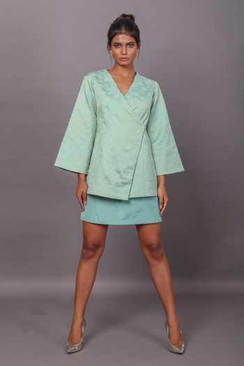 Couché By Anandini_Green Jacquard And Taffeta V Neck Textured Woven Jacket & Skirt Set _Online_at_Aza_Fashions