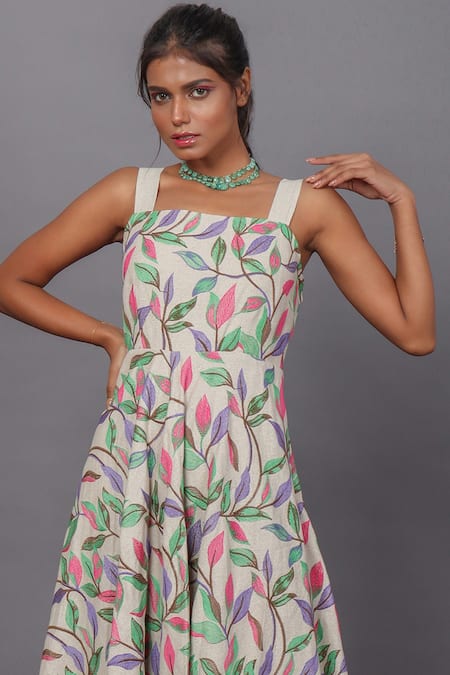 Shop_Couché By Anandini_Beige Lino Bordado (viscose+linen) Floral Square Bias Quad Embroidered Dress _Online_at_Aza_Fashions