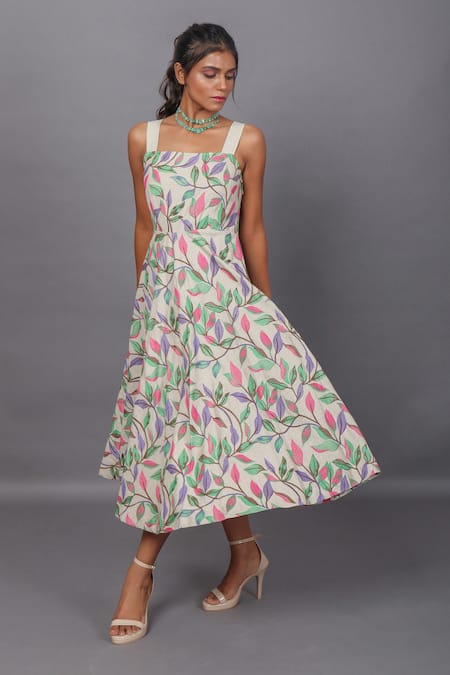 Buy_Couché By Anandini_Beige Lino Bordado (viscose+linen) Floral Square Bias Quad Embroidered Dress _Online_at_Aza_Fashions