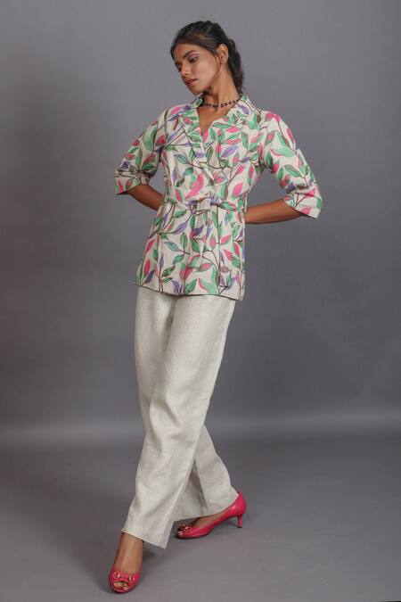 Couché By Anandini_Beige Lino Bordado (viscose+linen) Floral Embroidered Top And Flared Pant Set _Online_at_Aza_Fashions