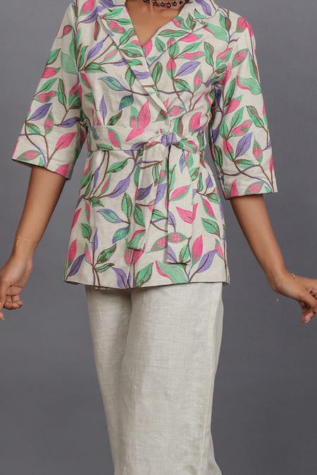 Couché By Anandini_Beige Lino Bordado (viscose+linen) Floral Embroidered Top And Flared Pant Set _at_Aza_Fashions