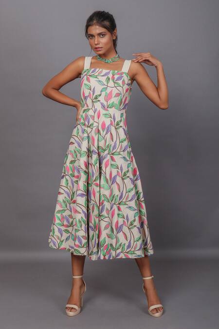 Couché By Anandini_Beige Lino Bordado (viscose+linen) Floral Square Bias Quad Embroidered Dress _Online_at_Aza_Fashions