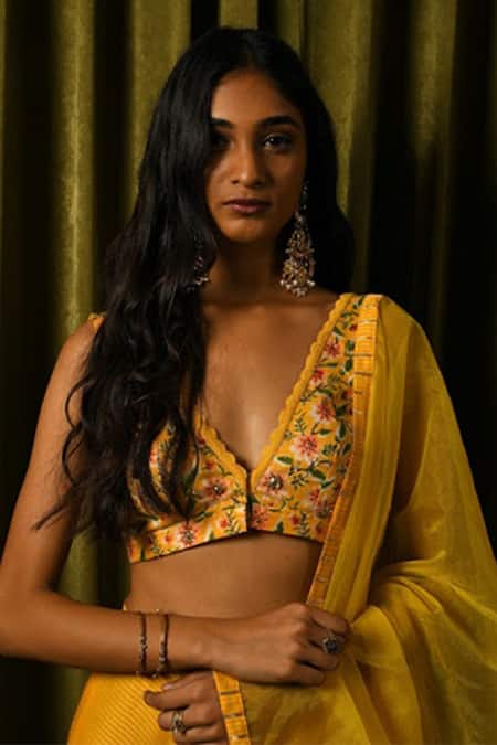 Kalakaari By Sagarika_Yellow Blouse Silk Printed Floral V Neck Striped Lehenga Set _Online_at_Aza_Fashions