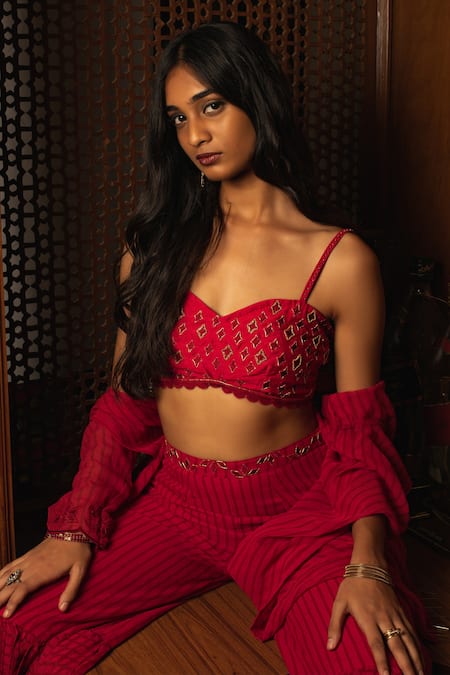 Kalakaari By Sagarika_Red Silk, Georgette Embroidery, Lace Striped Shrug And Sharara Set_Online_at_Aza_Fashions
