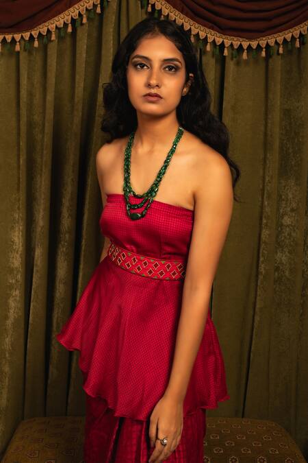Kalakaari By Sagarika Red Belt , Blouse And Skirt Modal Checkered Printed Bandeau Top & Set Online at Aza Fashions Kalakaari By Sagarika_Red Belt , Blouse And Skirt Modal Checkered Printed Bandeau Top & Set _Online_at_Aza_Fashions