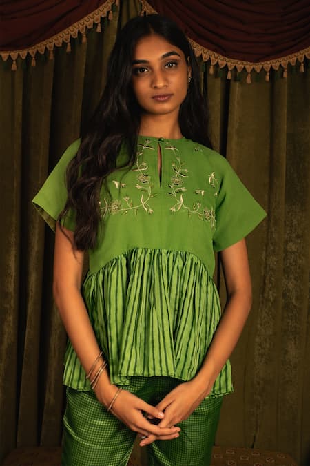 Buy_Kalakaari By Sagarika_Green Georgette, Top And Pant Modal Silk Checkered, Embroidered & Striped Set_Online_at_Aza_Fashions