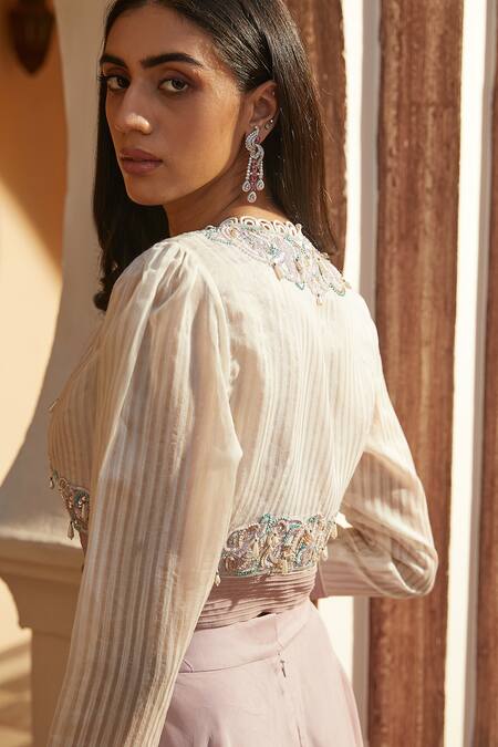 Shop Radhika & Raghav Purple Organza Embroidery Sequin Sweetheart Neck Jacket And Sharara Set at Aza Fashions Shop_Radhika & Raghav_Purple Organza Embroidery Sequin Sweetheart Neck Jacket And Sharara Set _at_Aza_Fashions