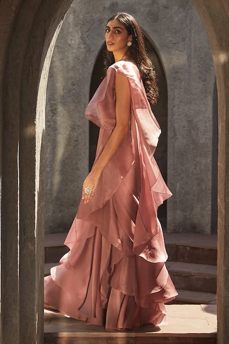 Radhika & Raghav_Purple Silk Organza, Chiffon And Tulle Bead Ruffle Pre-stitched Saree With Blouse_Online_at_Aza_Fashions