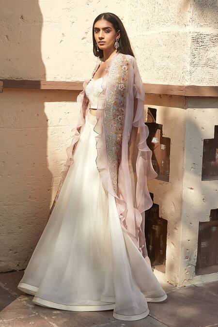 Radhika & Raghav_Purple Silk Organza Bead And Thread, Sequin Embroidered Cape Lehenga Set_Online_at_Aza_Fashions