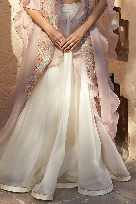 Shop_Radhika & Raghav_Purple Silk Organza Bead And Thread, Sequin Embroidered Cape Lehenga Set_Online_at_Aza_Fashions