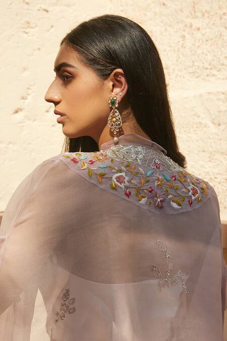 Radhika & Raghav_Purple Silk Organza Bead And Thread, Sequin Embroidered Cape Lehenga Set_at_Aza_Fashions