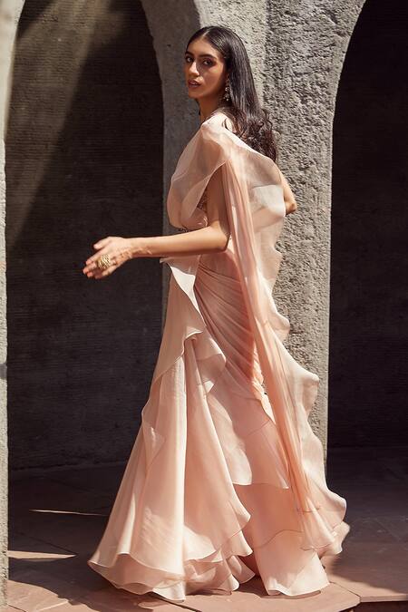 Radhika & Raghav_Peach Silk Organza, Chiffon And Tulle Bead & Ruffle Pre-stitched Saree With Blouse_Online_at_Aza_Fashions