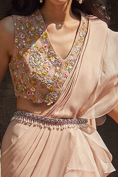 Shop_Radhika & Raghav_Peach Silk Organza, Chiffon And Tulle Bead & Ruffle Pre-stitched Saree With Blouse_Online_at_Aza_Fashions