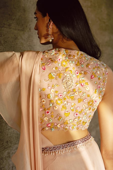 Radhika & Raghav_Peach Silk Organza, Chiffon And Tulle Bead & Ruffle Pre-stitched Saree With Blouse_at_Aza_Fashions