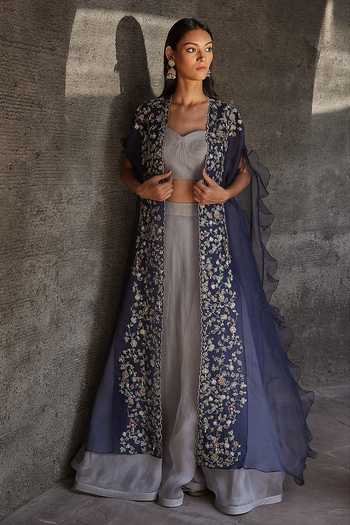Blue Organza Cape with Cutwork Flowers and Pearls with Printed Muslin Lehenga and Top for Girls main image 0